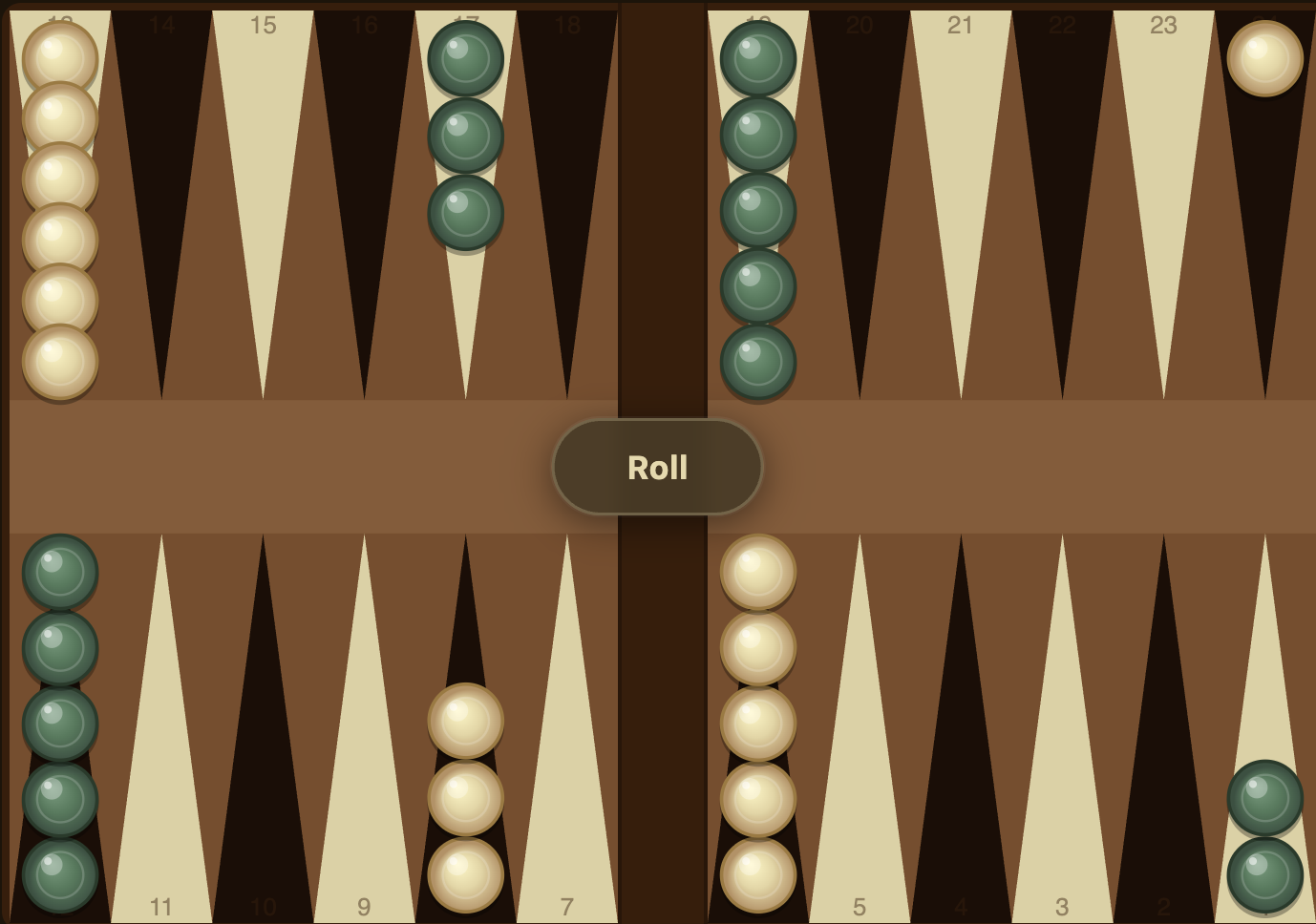 Backgammon åbningstræk 6-5: løb med en bagbrik fra punkt 24 til midtpunktet ved 13
